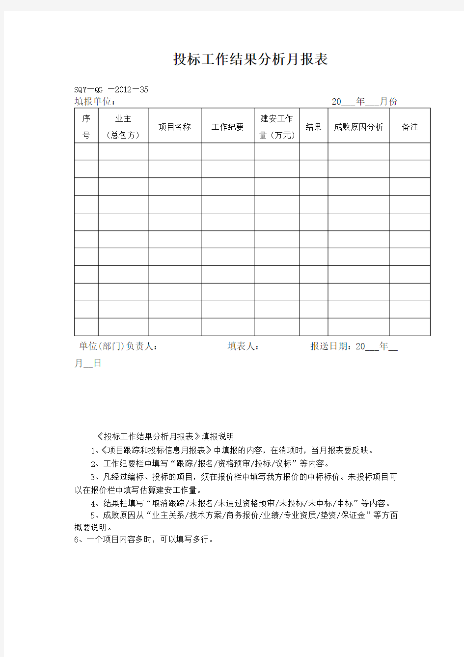 投标工作结果分析月报表