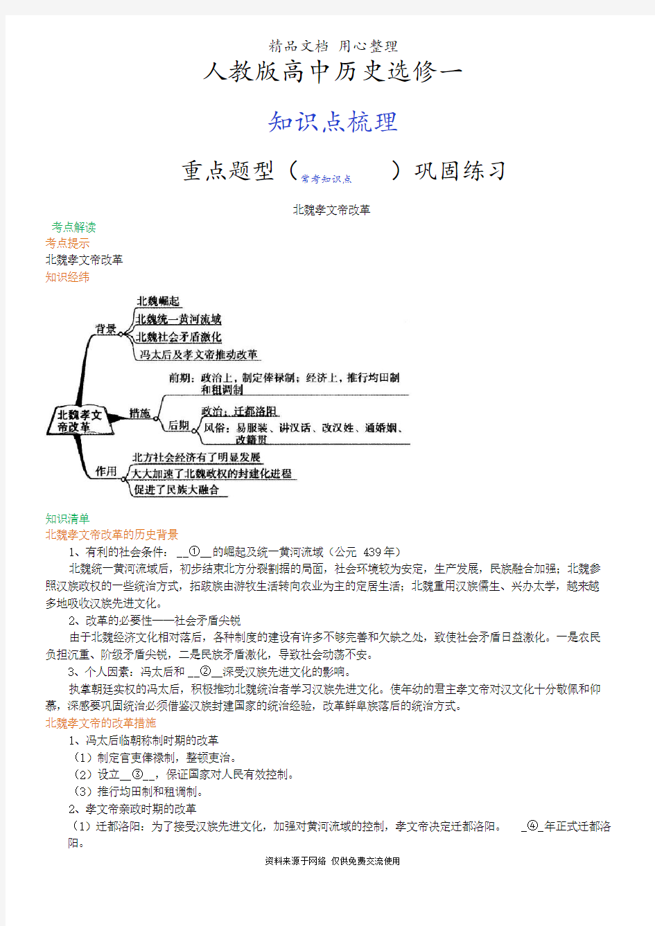 人教版高中历史选修1[01知识点整理及重点题型梳理]北魏孝文帝改革