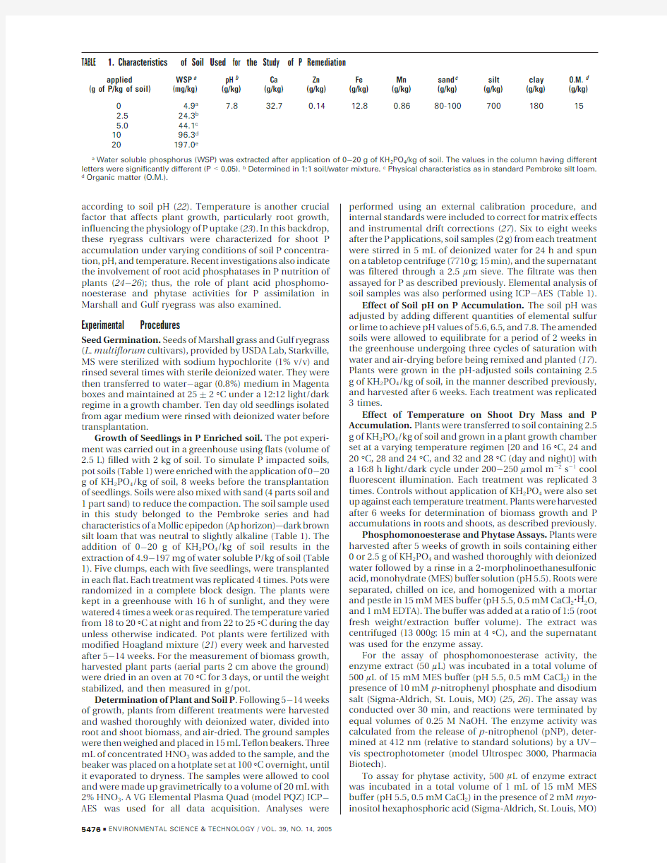Characterization of Phosphate Accumulation in Lolium multiflorum for Remediation of Phosphorus