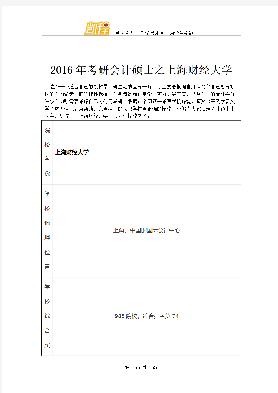 2016年考研管帐硕士之上海财经大学