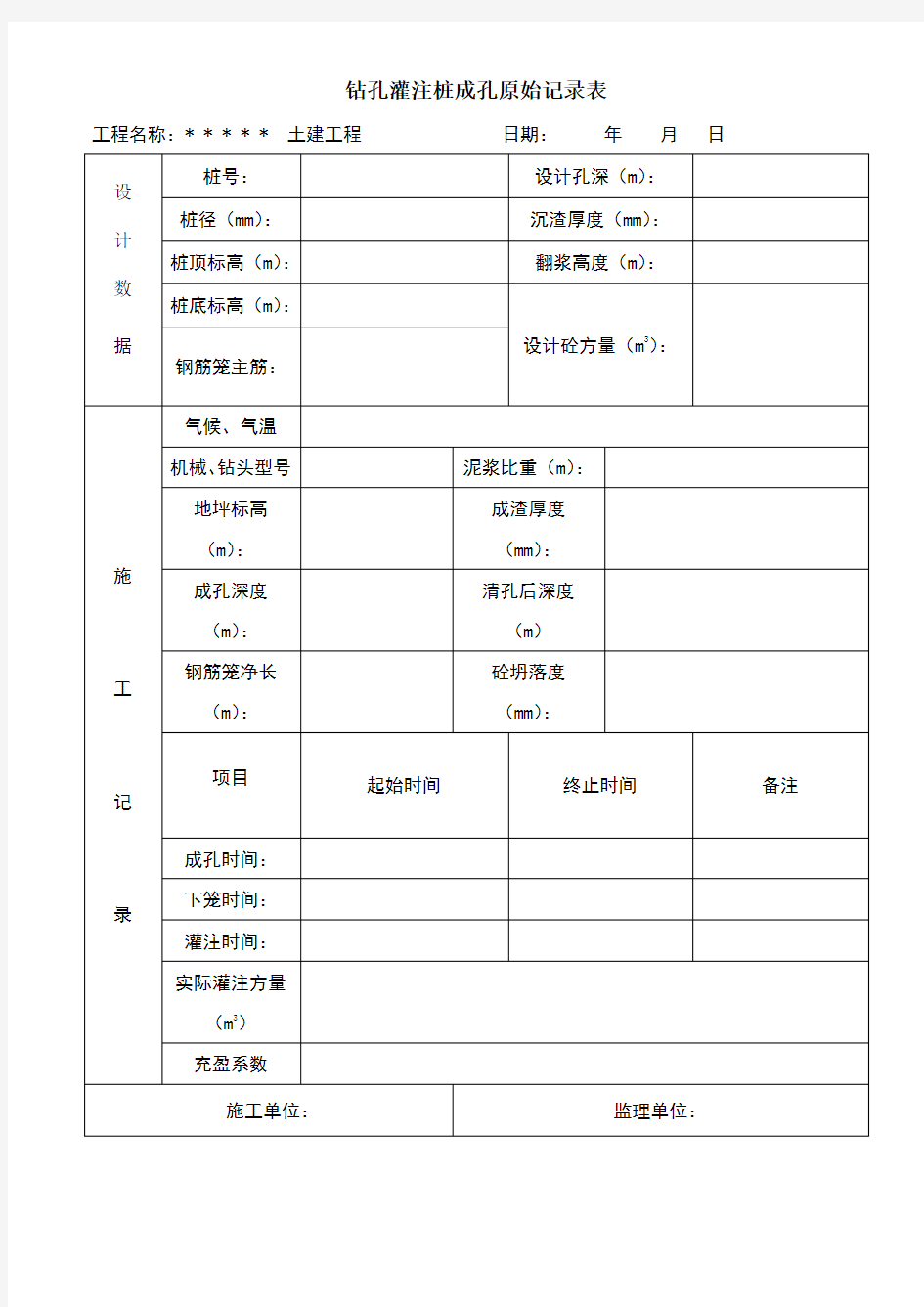 钻孔灌注桩成孔原始记录表