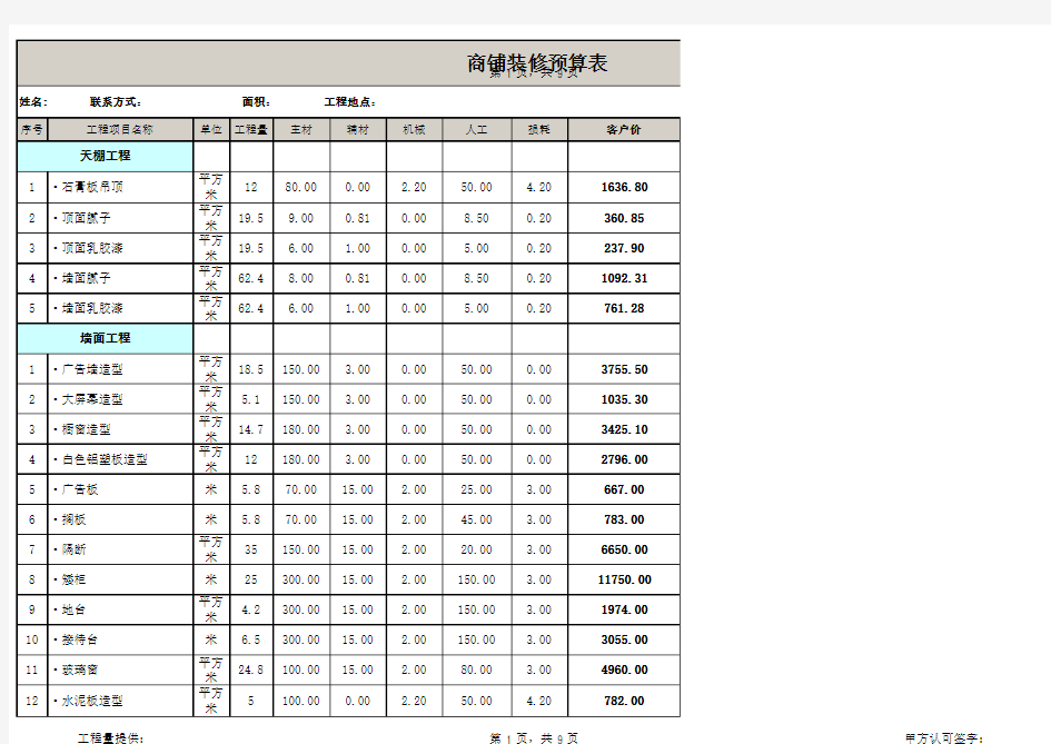 商铺装修预算报价表EXCEL模板(超详细)