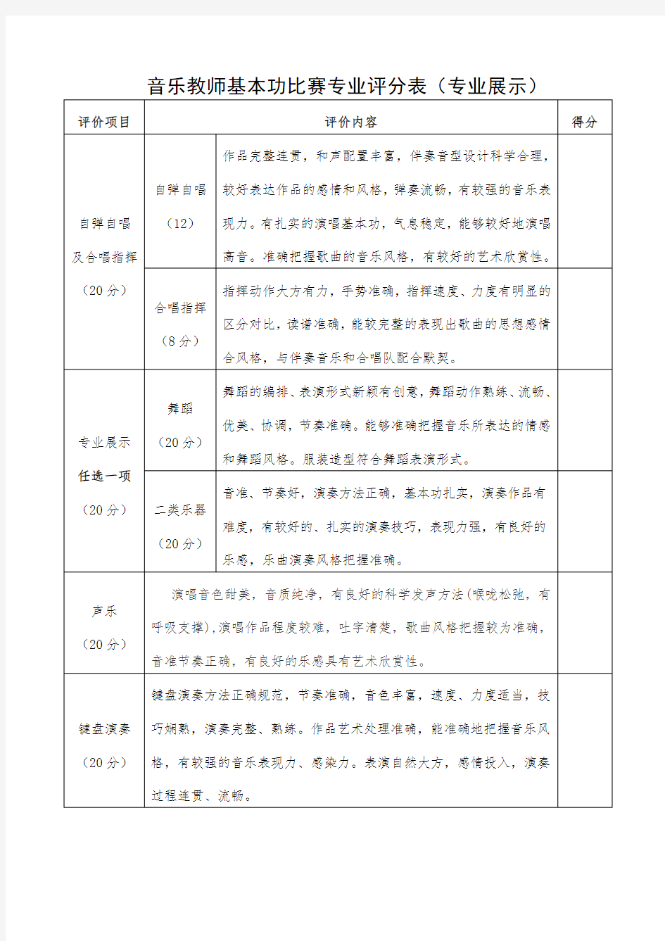 音乐教师基本功比赛专业评分表