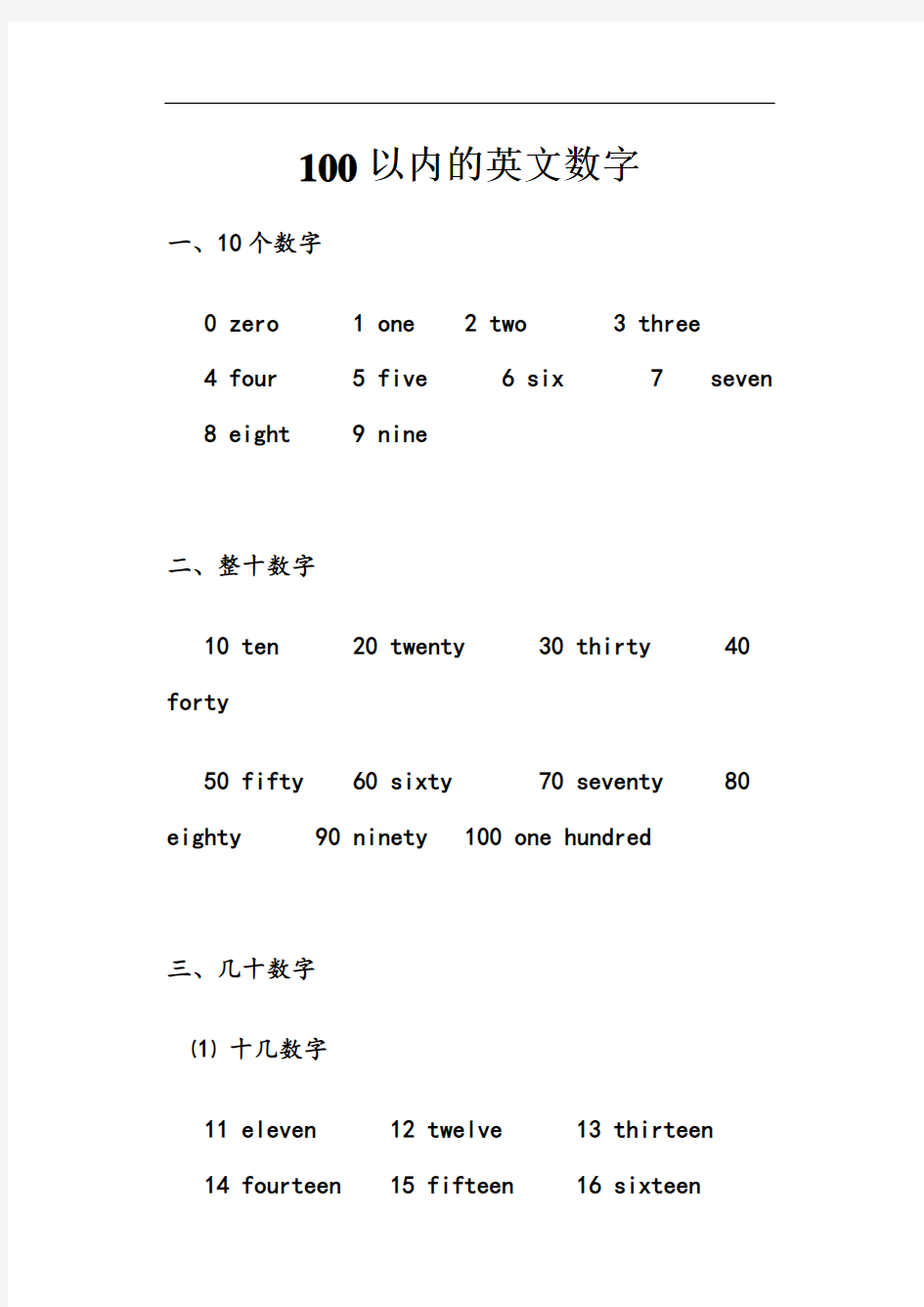 100以内的英文数字