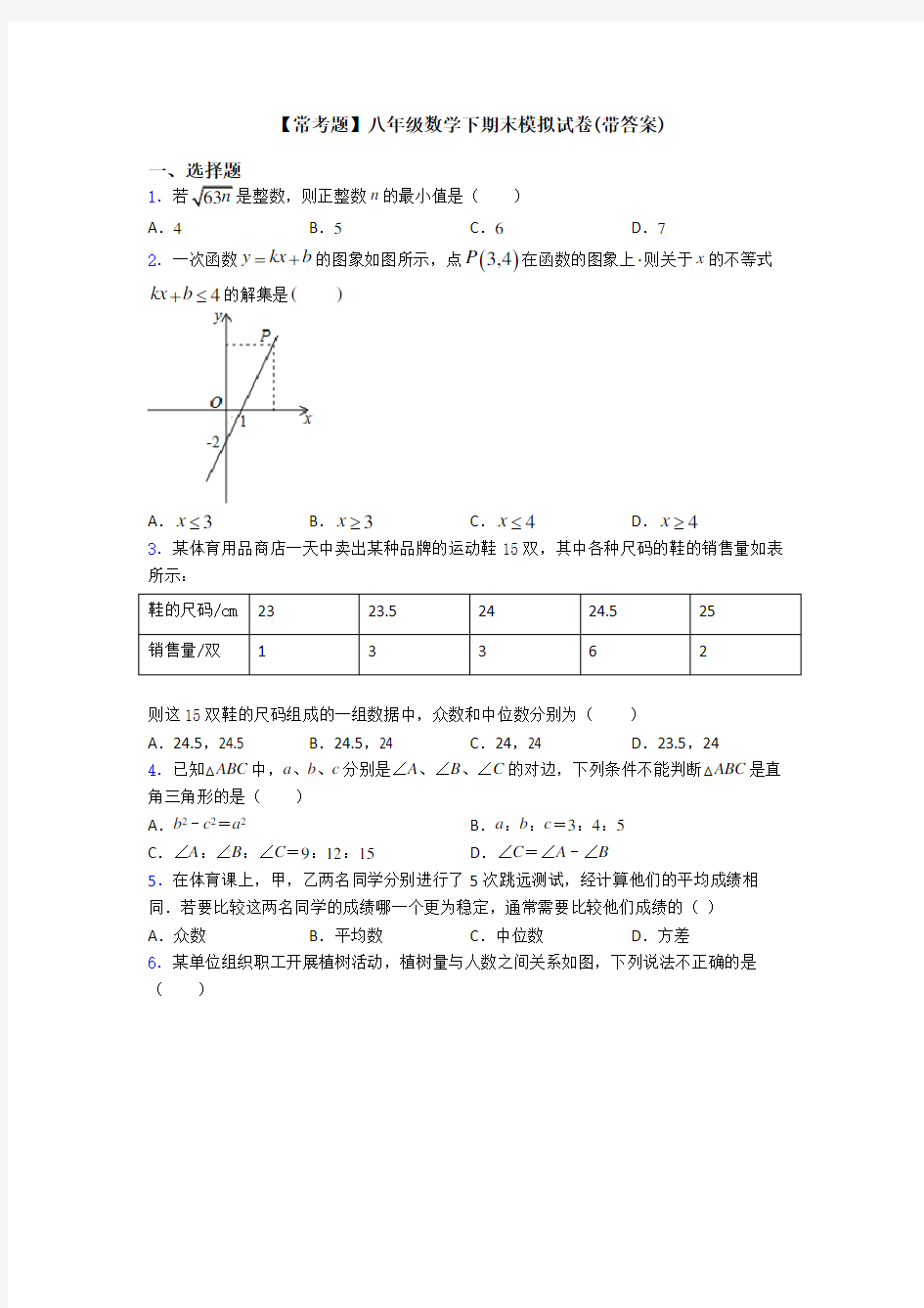 【常考题】八年级数学下期末模拟试卷(带答案)