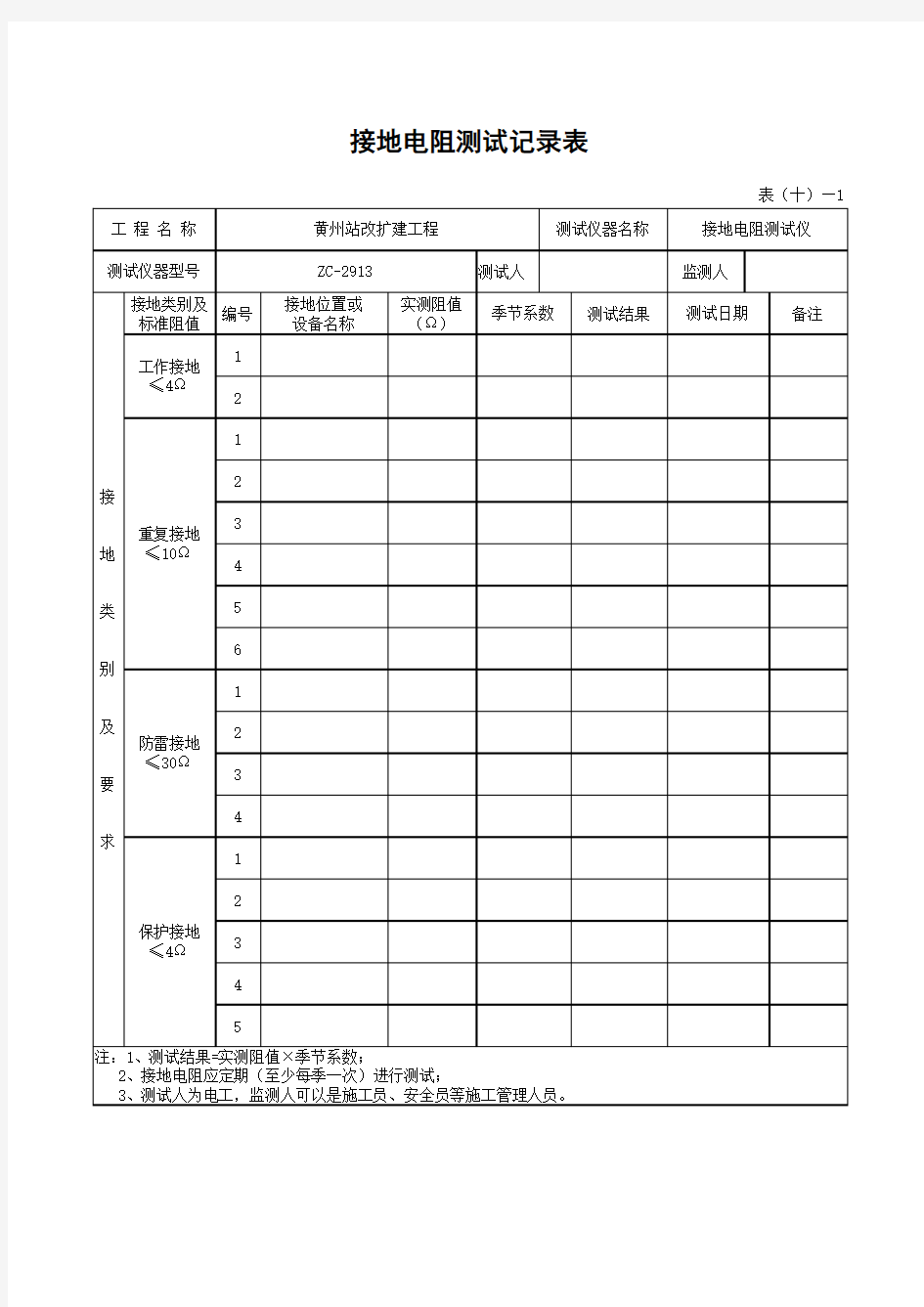 接地电阻测试记录