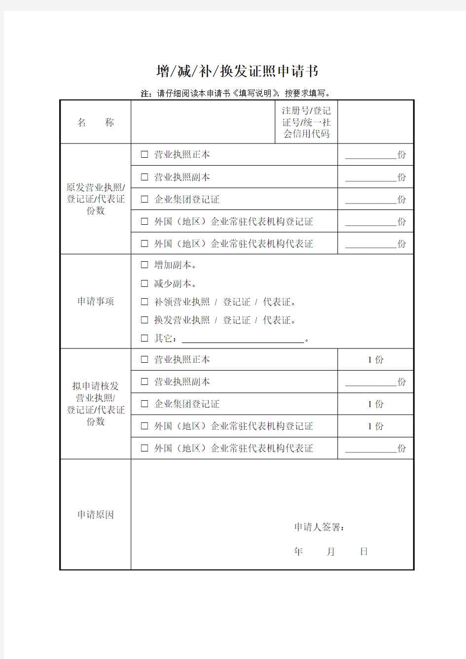 增减补换发证照申请书