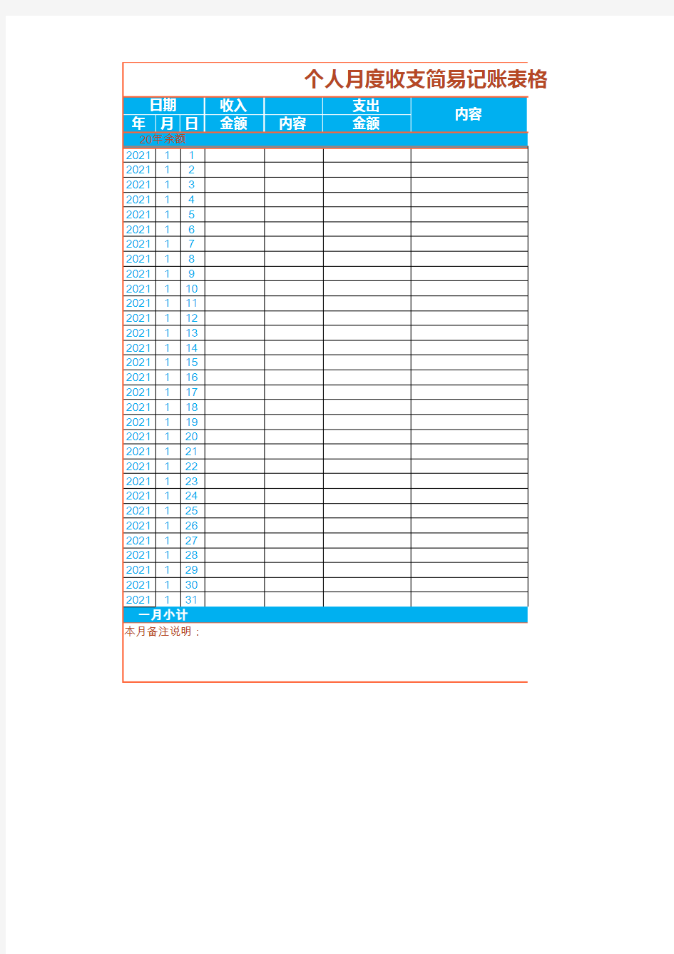 个人月度收支简易记账表格1