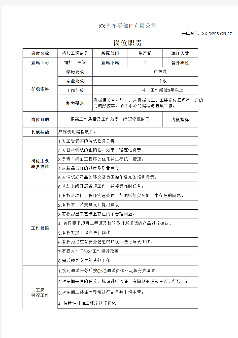 精工调机技术员岗位职责