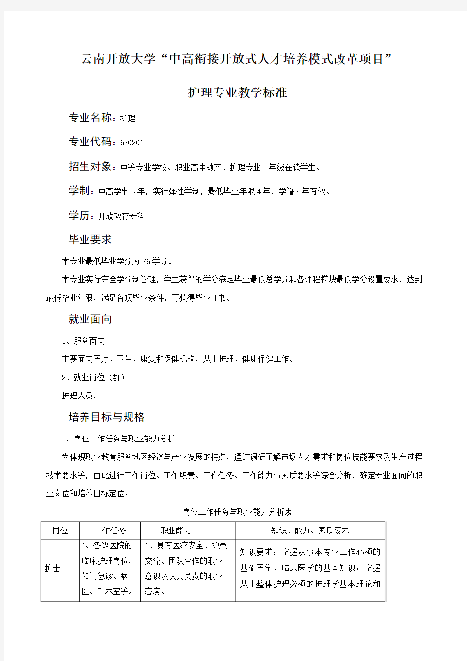 护理专业教学标准