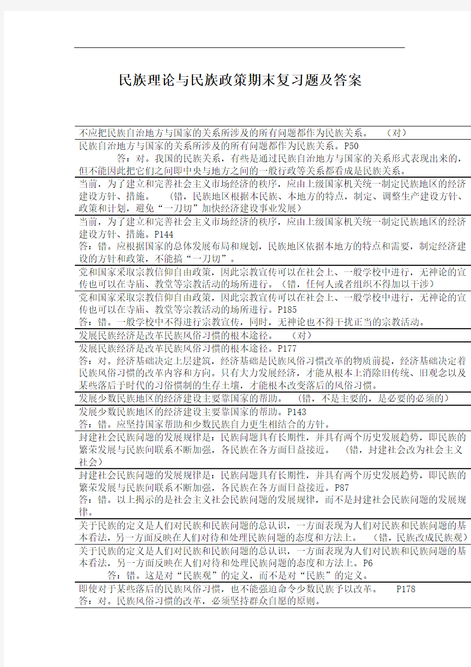 民族理论与民族政策期末复习题及答案