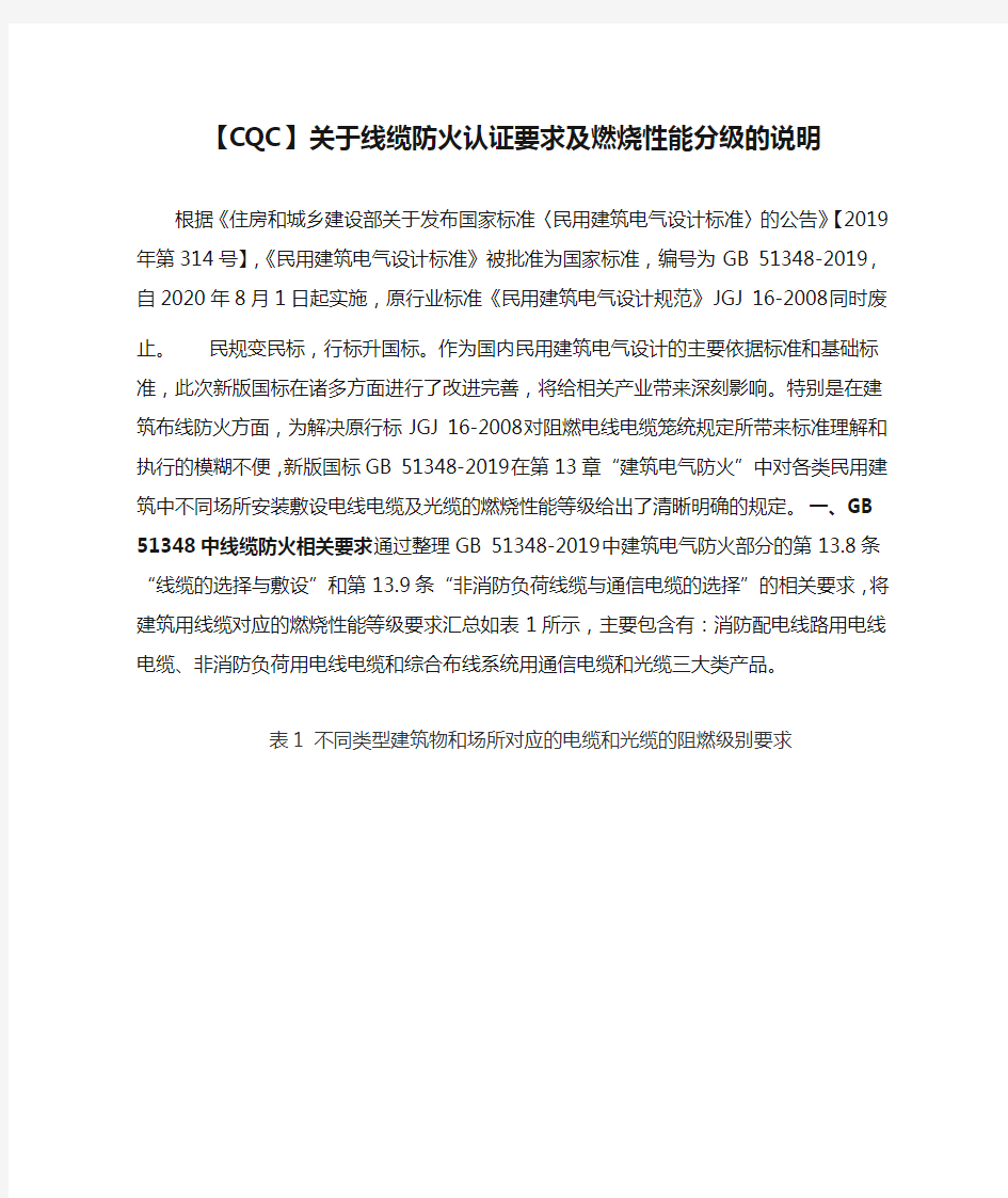 【CQC】关于线缆防火认证要求及燃烧性能分级的说明