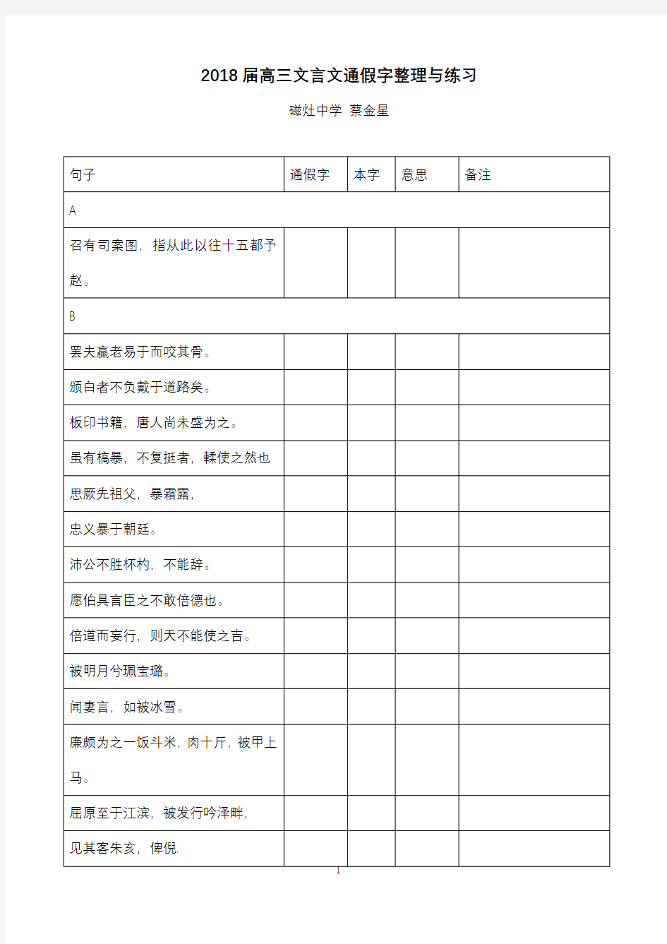 2018届高考文言文通假字练习整理配答案