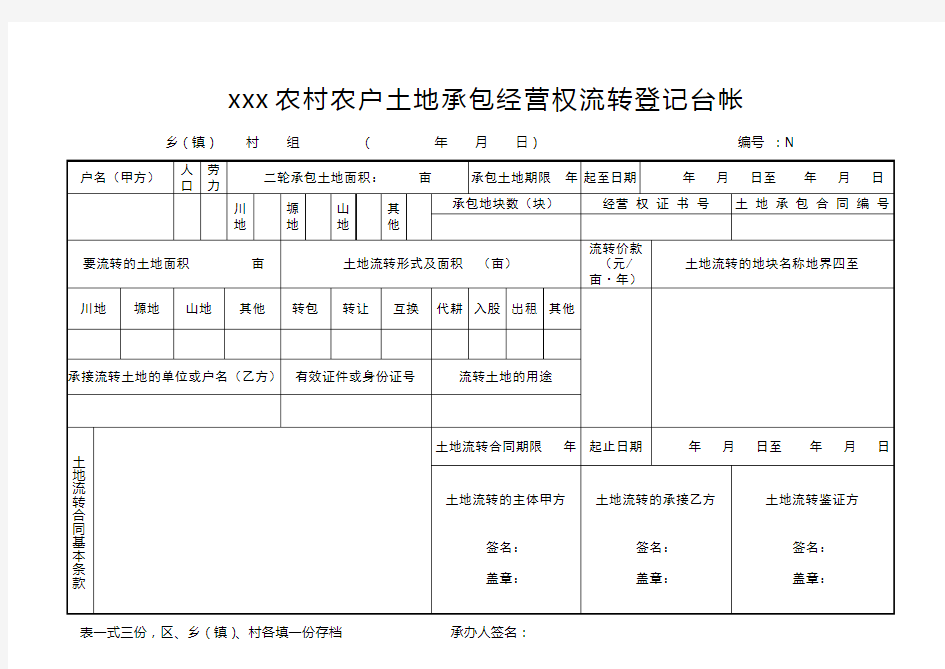 农村农户土地承包经营权流转登记台帐