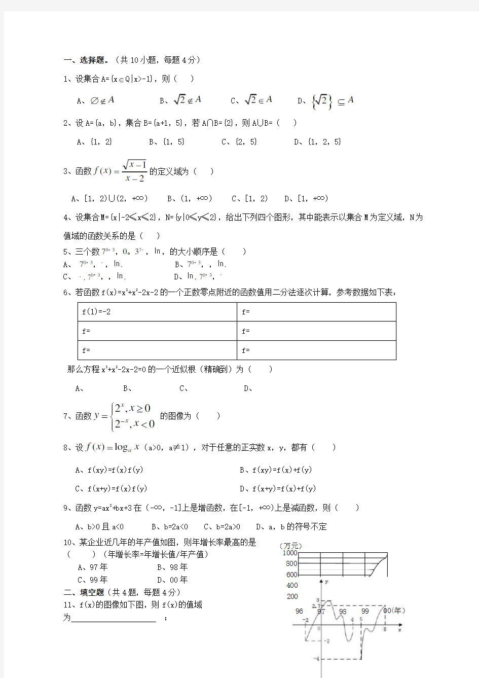 高一数学必修一期末试卷及答案 (1)