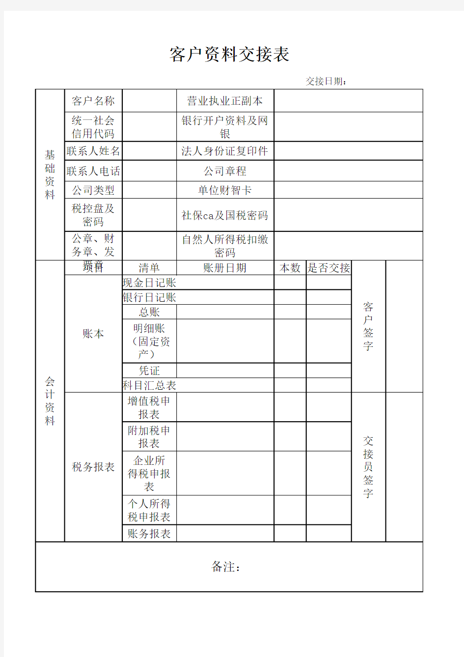 代理记账客户资料交接表