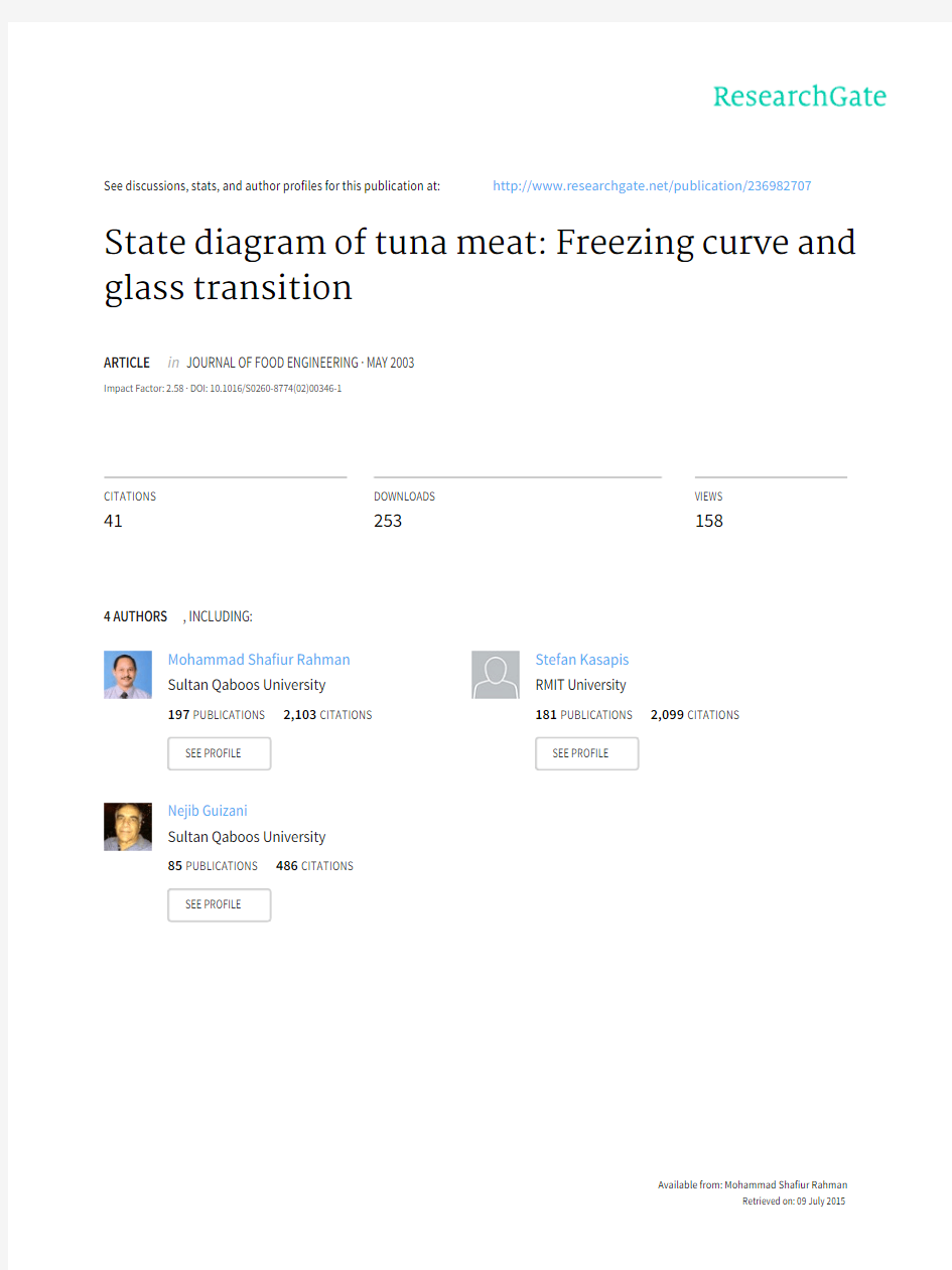 State diagram of tuna meat-Freezing curve and glass transition