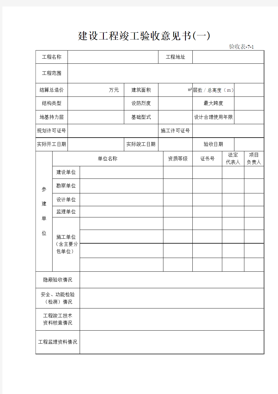 7-1 建设工程竣工验收意见书(一)