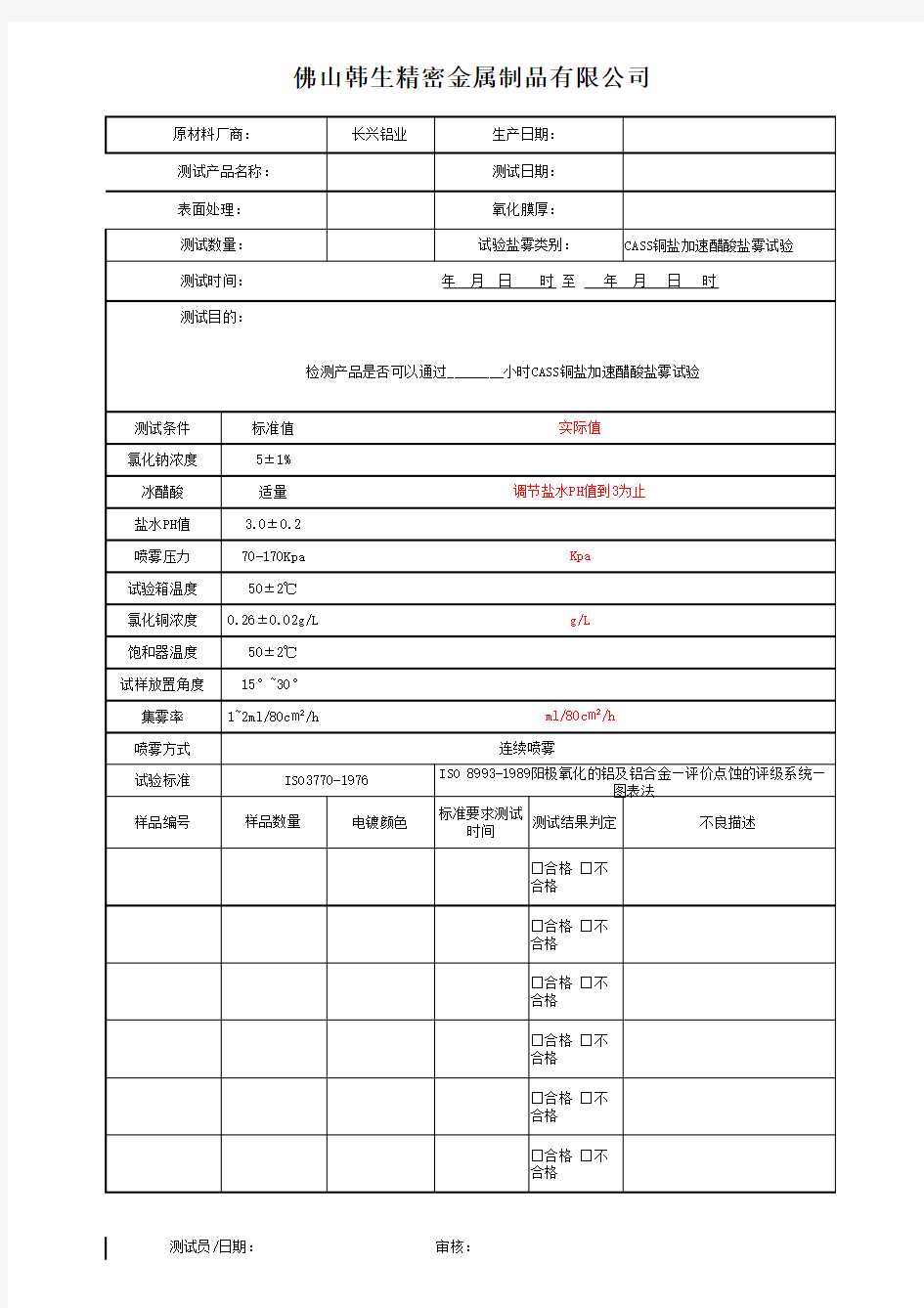 CASS盐雾试验测试报告