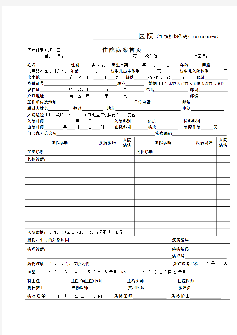 2014版医院住院病案首页