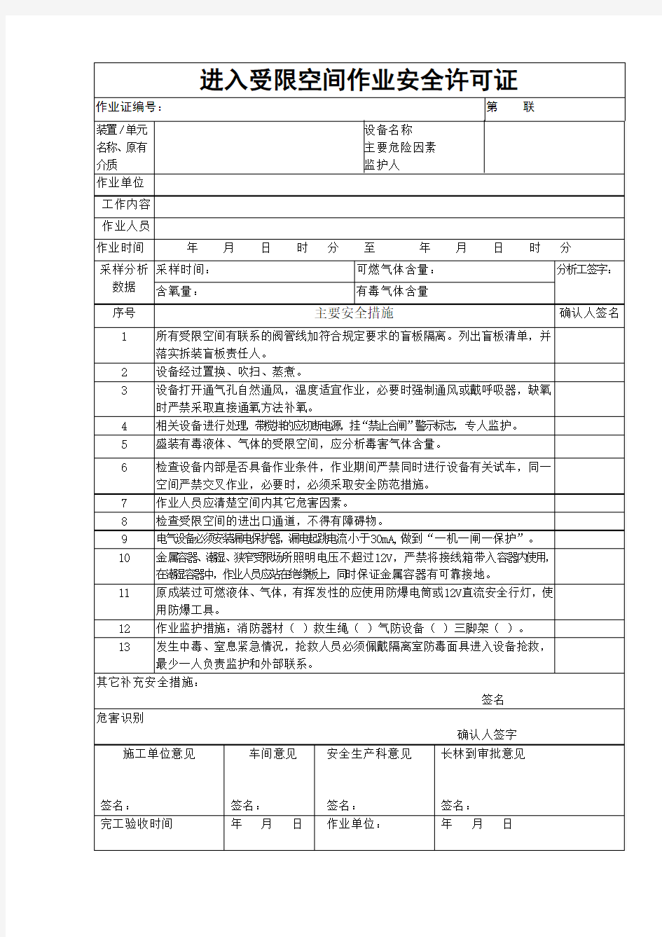 进入受限空间作业安全许可证