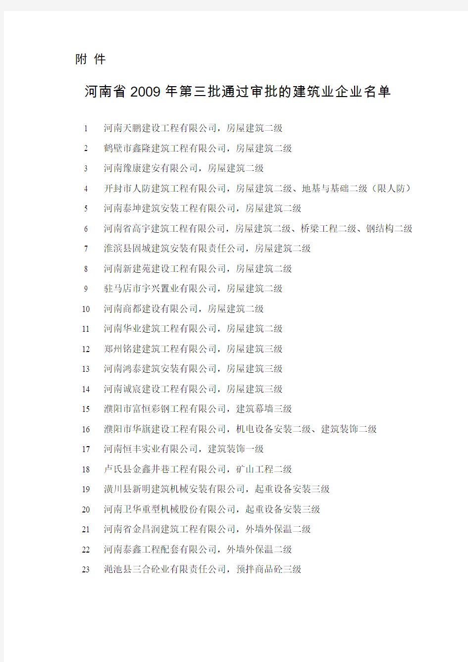 河南省2009年第三批通过审批的建筑业企业名单