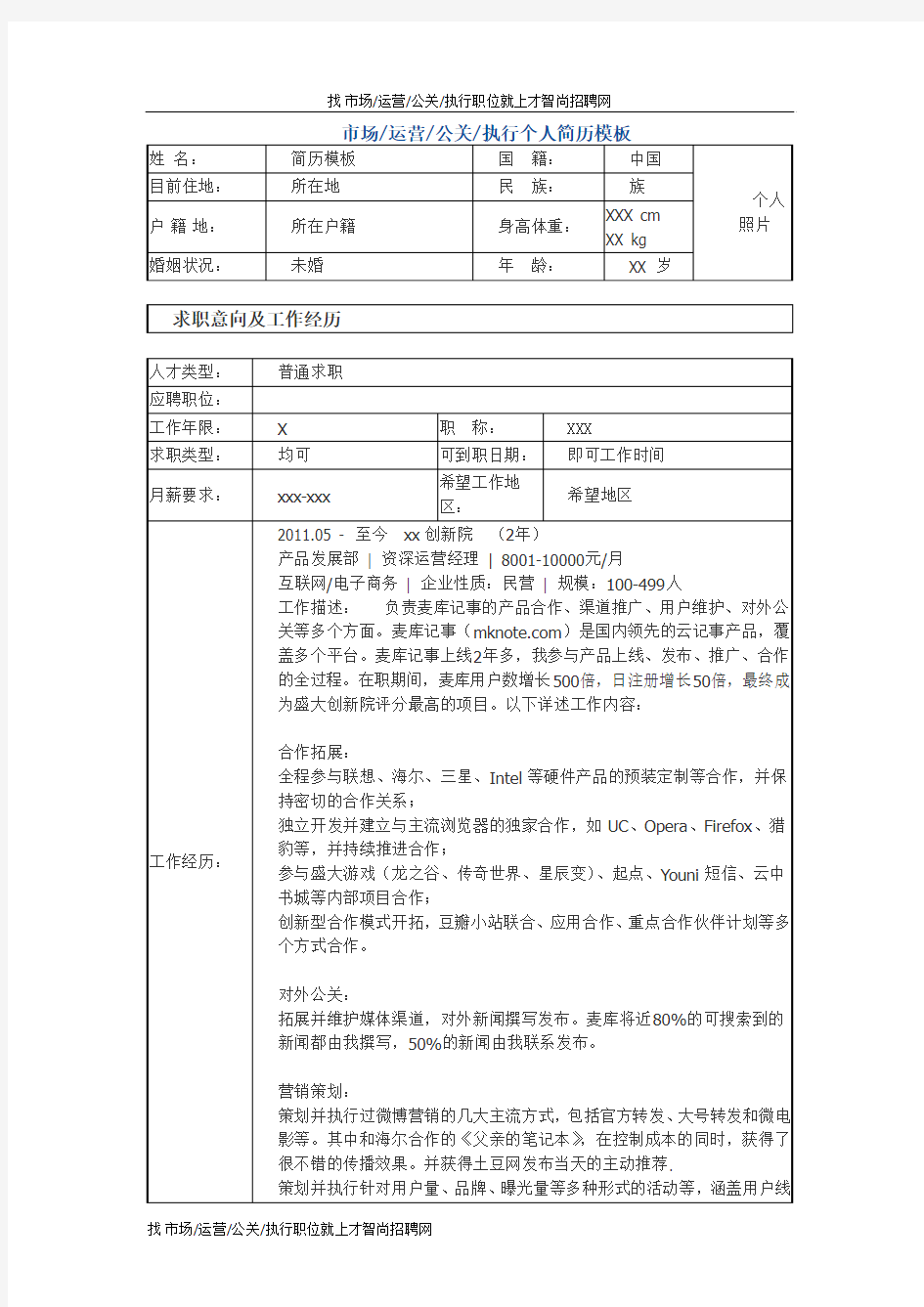 市场 运营 公关 执行 个人简历模板