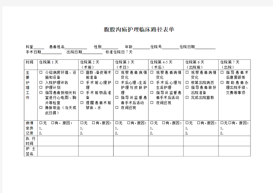 腹股沟疝护理临床路径表单