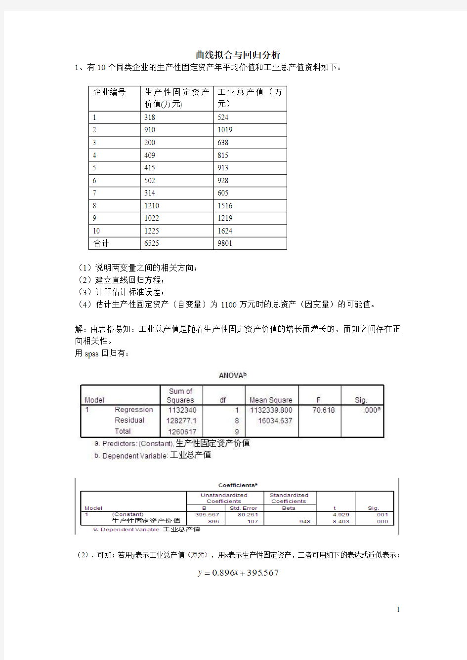 spss曲线拟合与回归分析