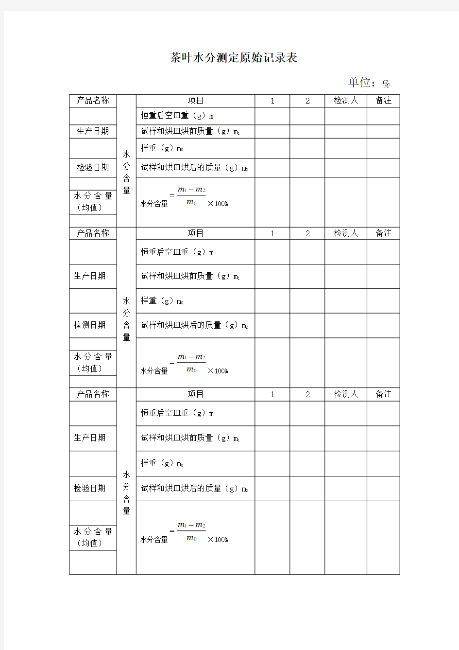 茶叶水分测定原始记录表