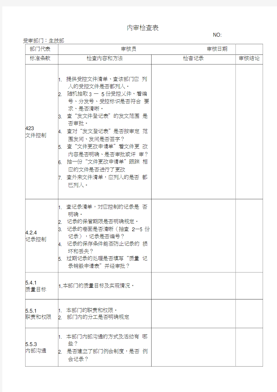 各部门内审检查表——检查表