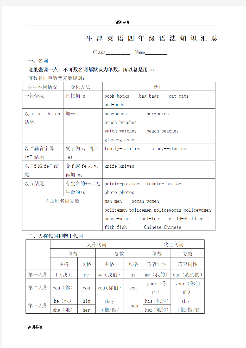 牛津小学四年级英语语法知识汇总.docx