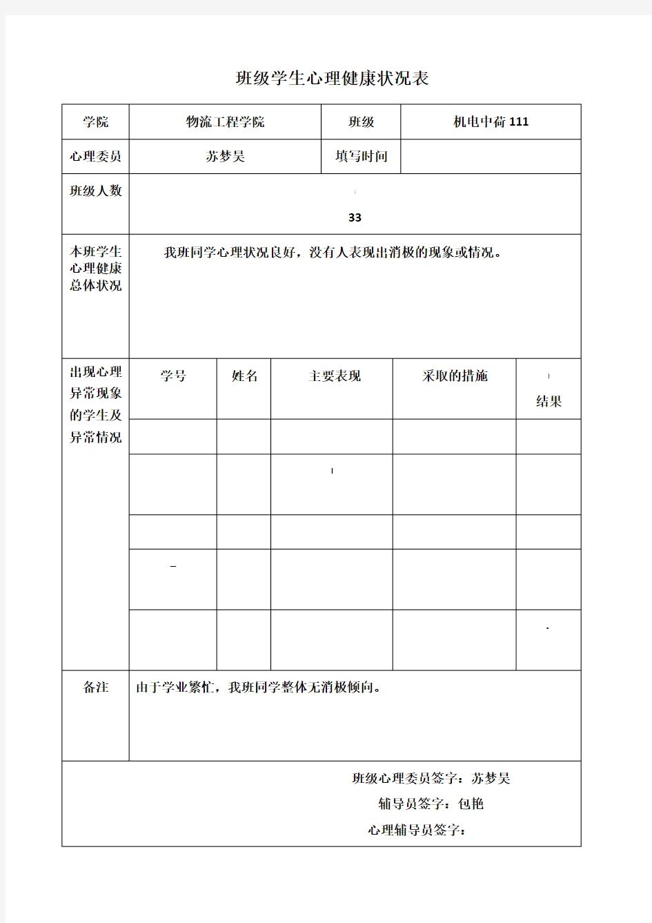 班级学生心理健康状况表