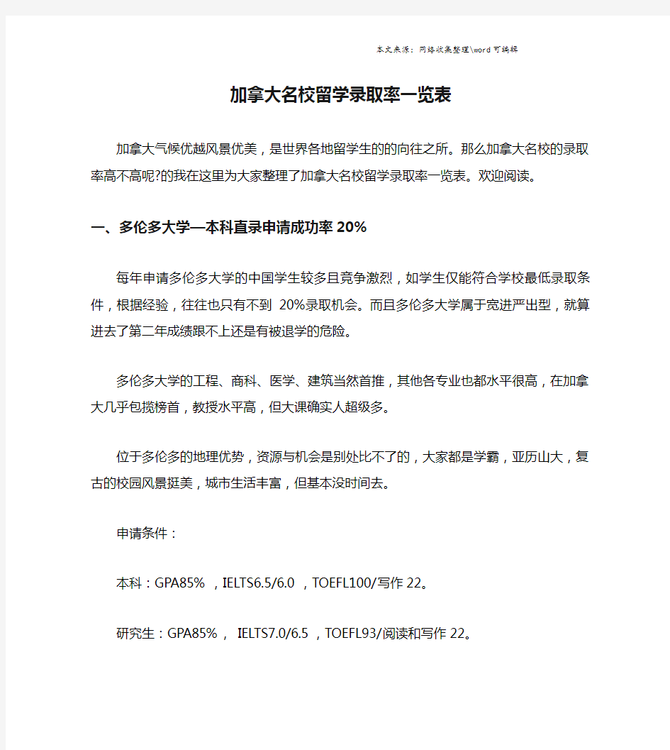 加拿大名校留学录取率一览表.doc