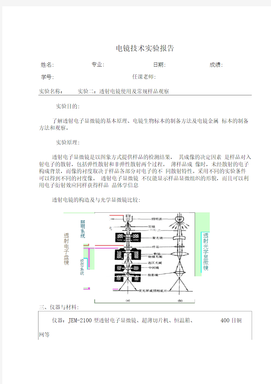 透射电镜使用及常规样品观察