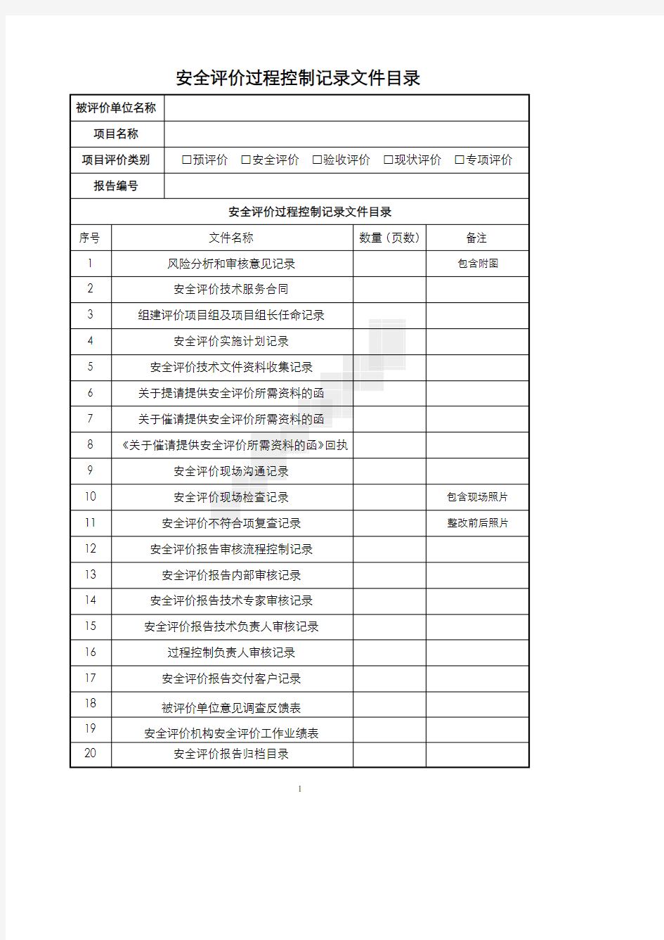 安全评价过程控制记录(参考范例)