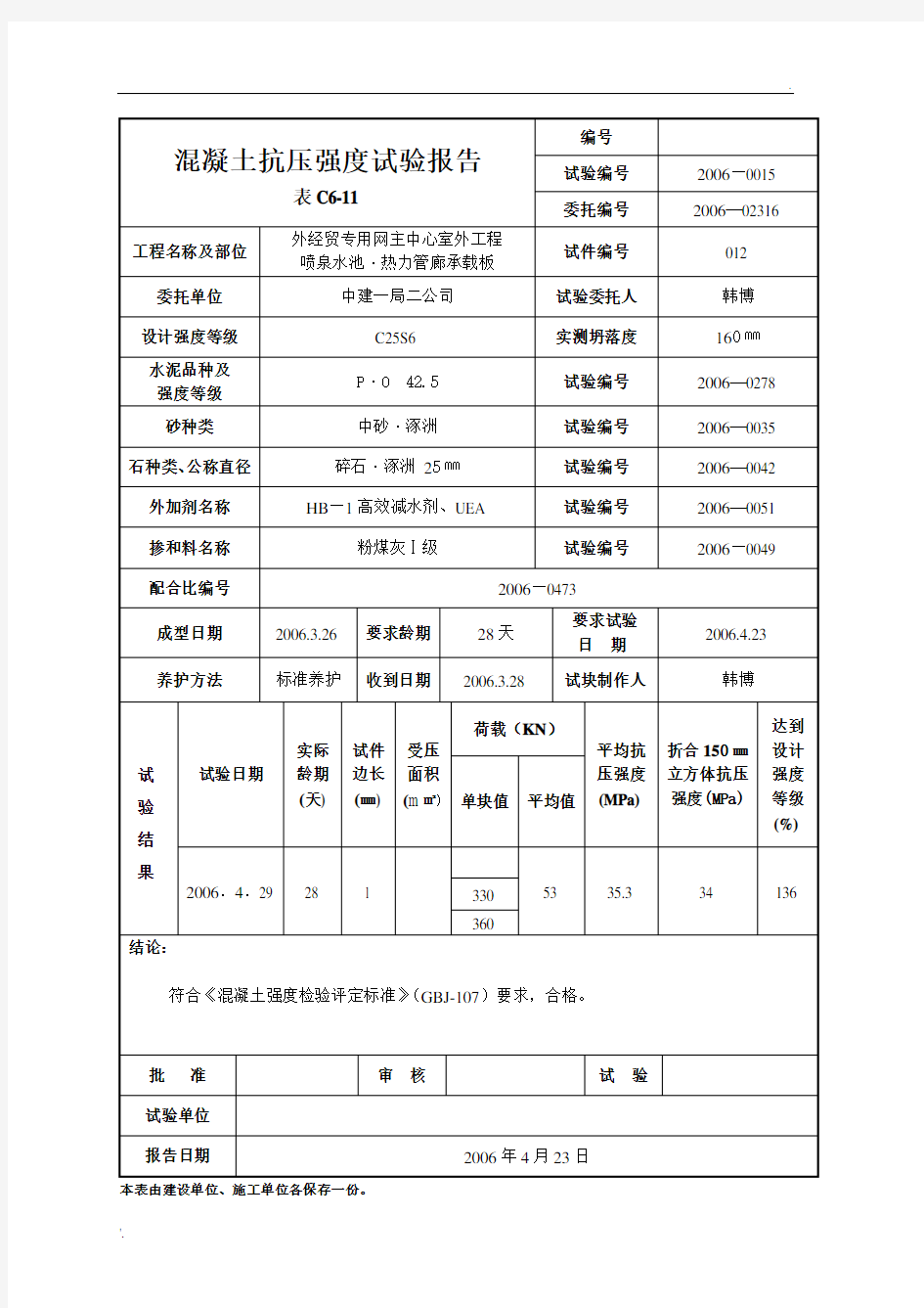 混凝土抗压强度试验报告C30