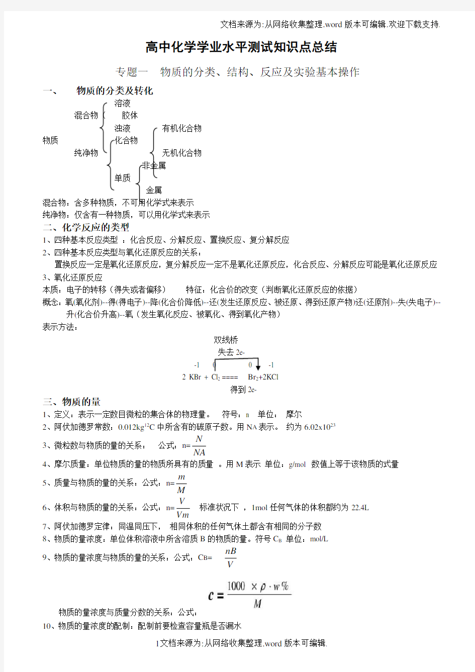 高中化学学业水平测试知识点总结完整版(供参考)