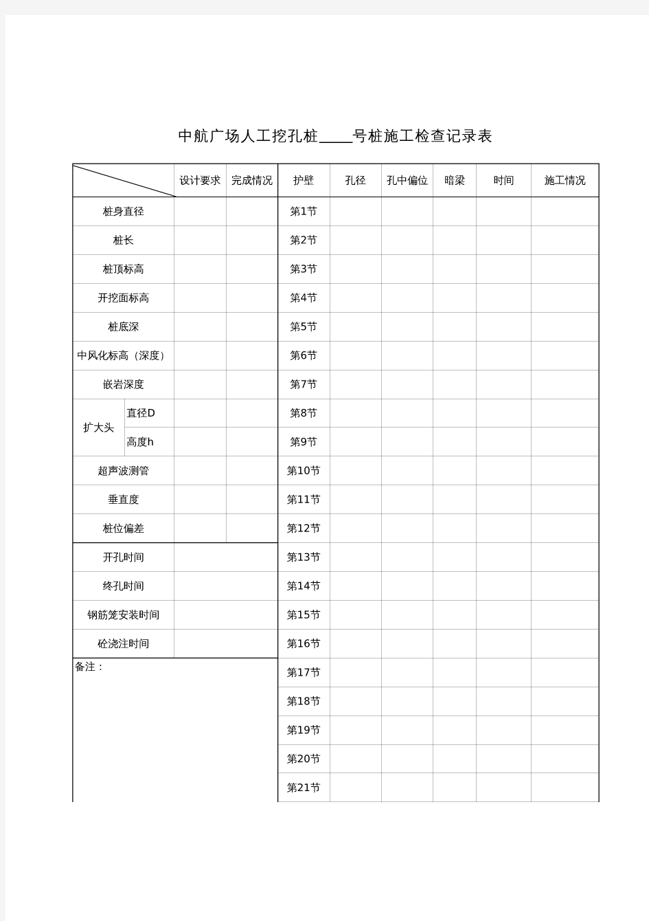 人工挖孔桩检查记录表