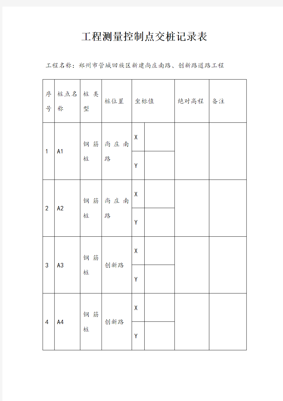 工程测量控制点交桩记录表