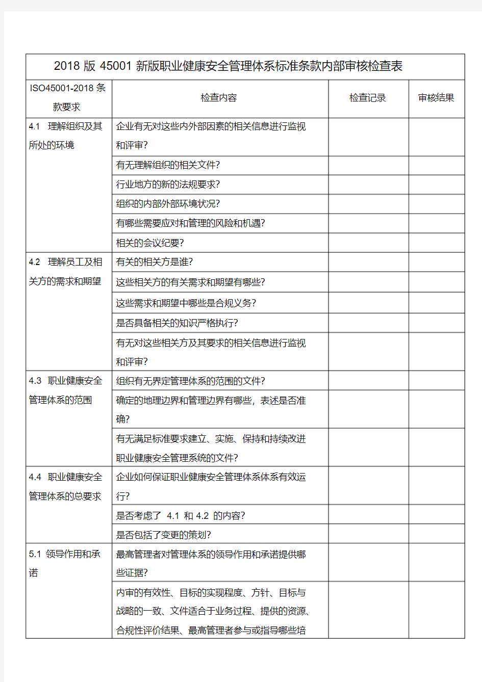 45001-2018内部审核检查表