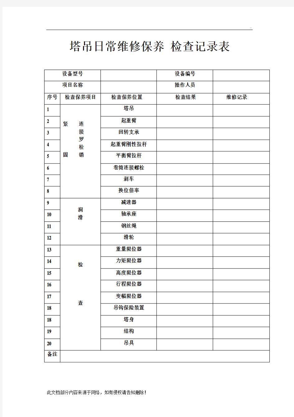 塔吊日常维修保养-检查记录表
