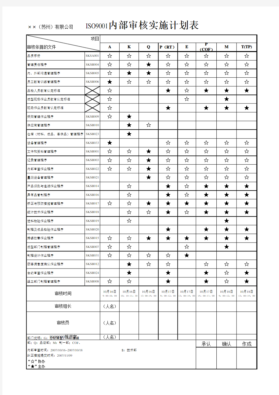 公司ISO 内部审核实施计划表