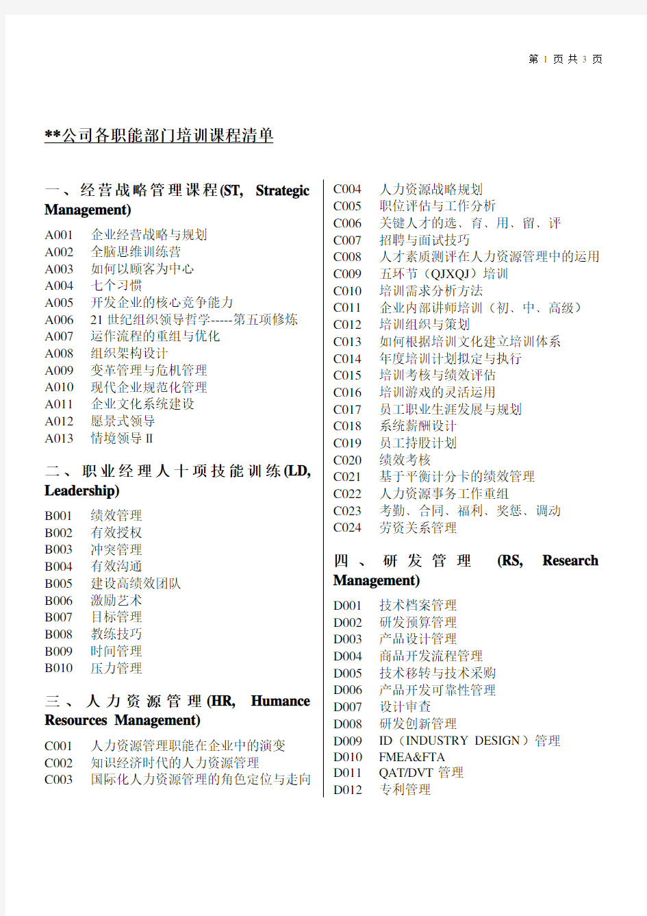 各职能部门培训课程清单