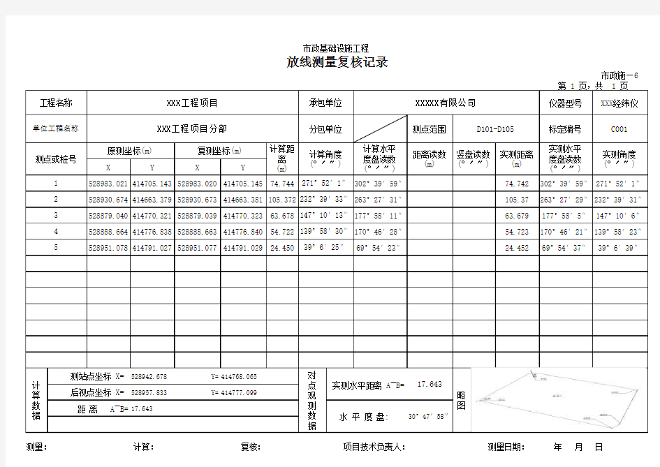 市政统表测量放线复核记录报表(自动生成表)