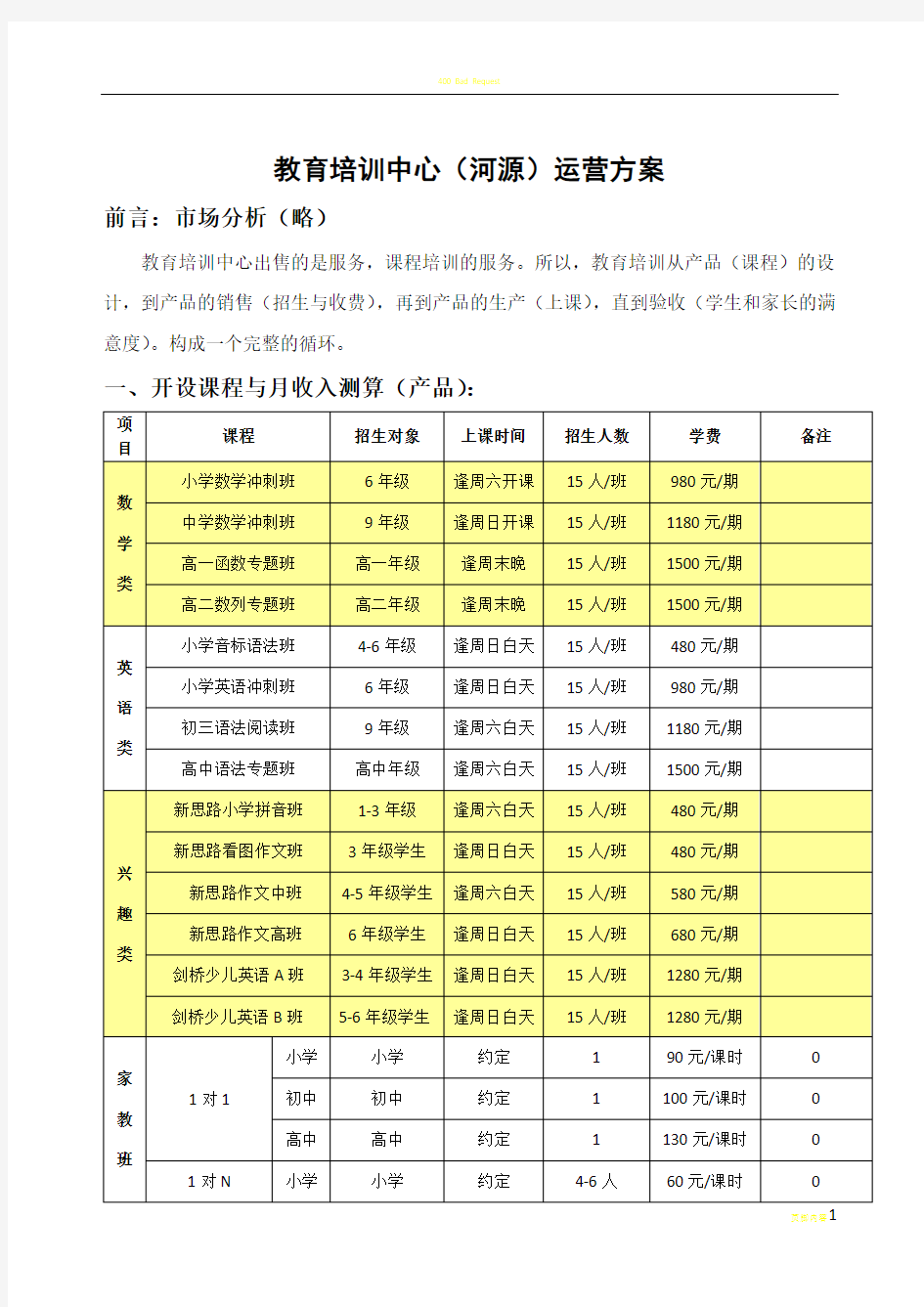 教育培训中心运营方案