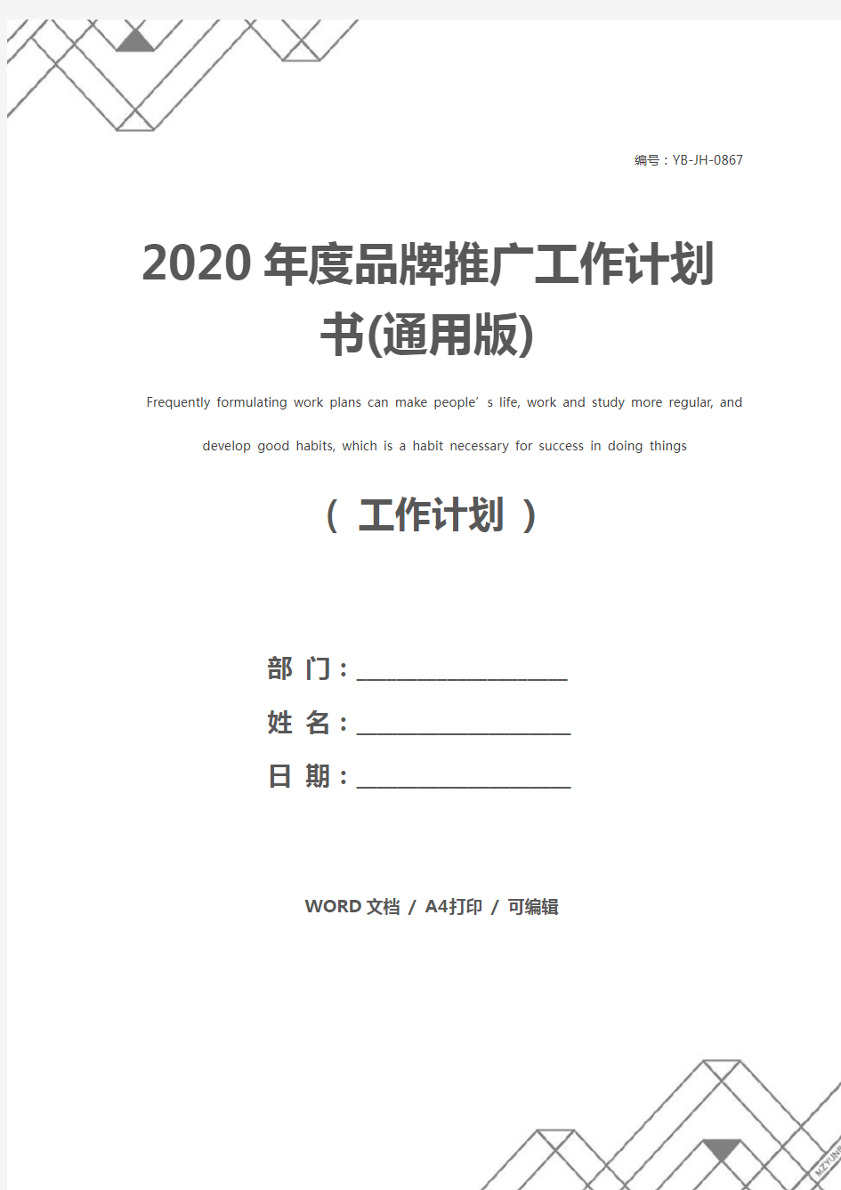 2020年度品牌推广工作计划书(通用版)