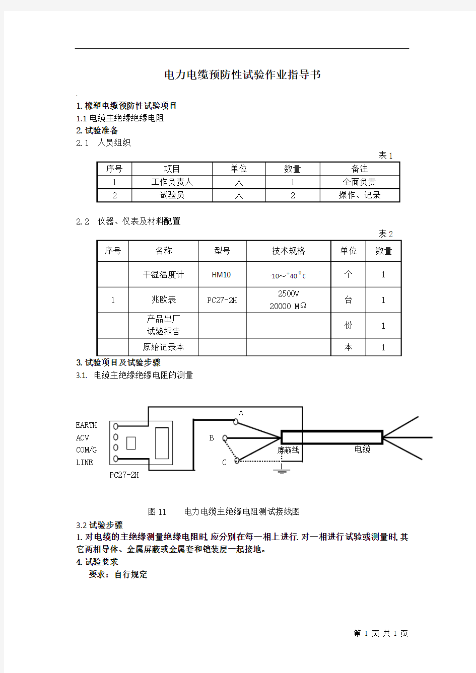 电力电缆预防性试验作业指导书