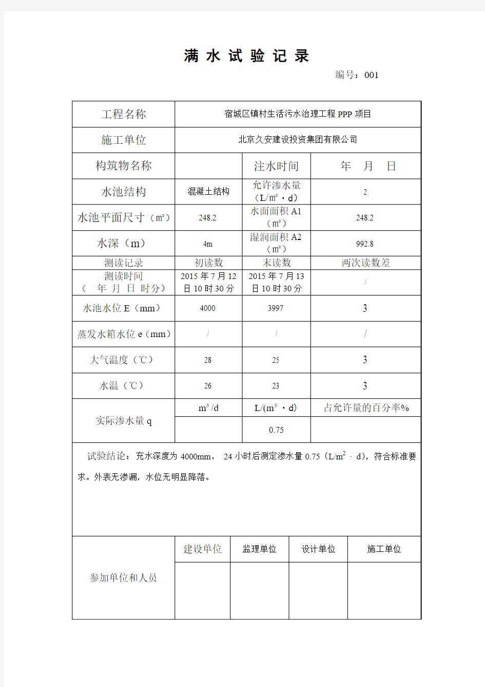 水池闭水试验表格