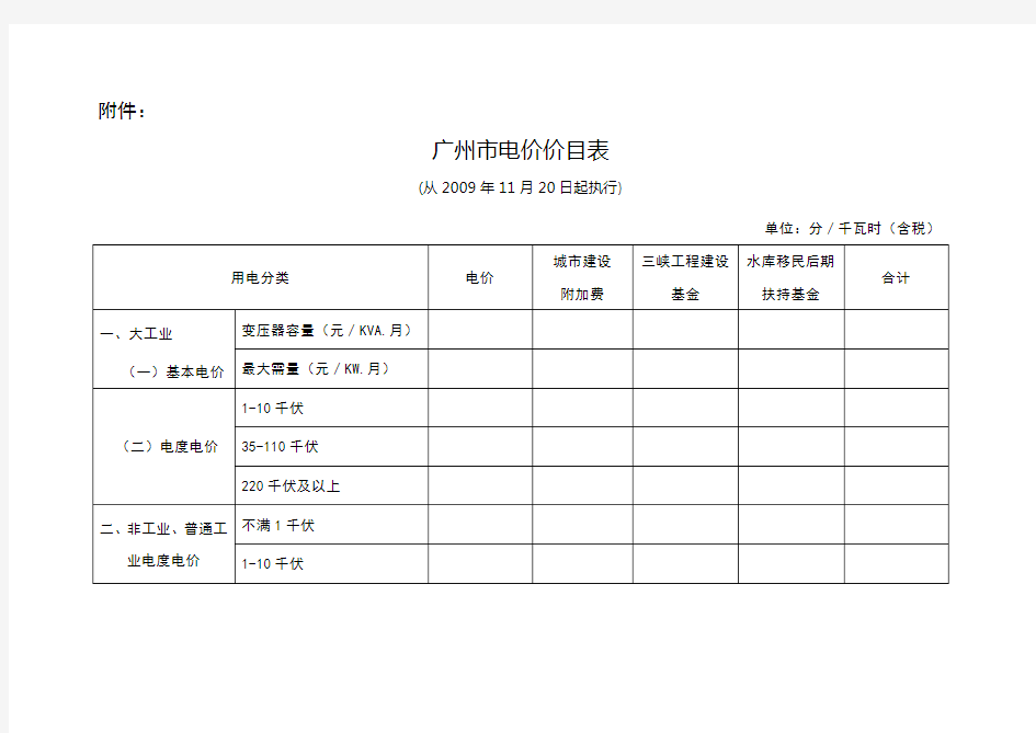 广东各地电价表